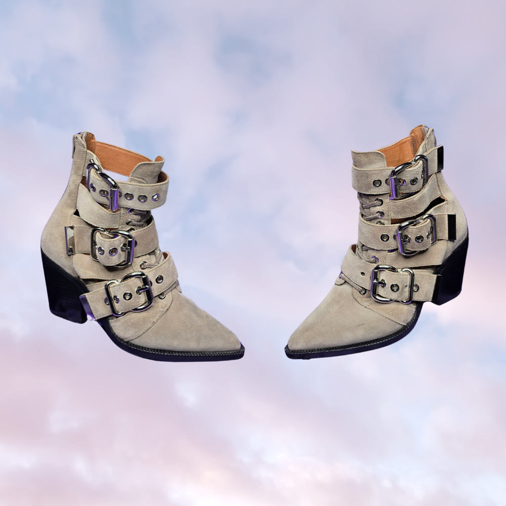 Jeffrey Campbell Caceres Gray Taupe Pointy Closed Toe Buckle Boho Goth Heel 6.5